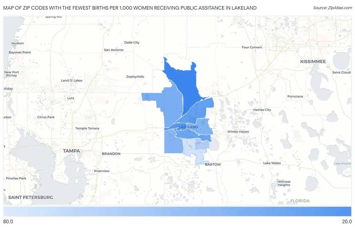 Zip Codes with the Fewest Births per 1,000 Women Receiving Public Assitance in Lakeland Map