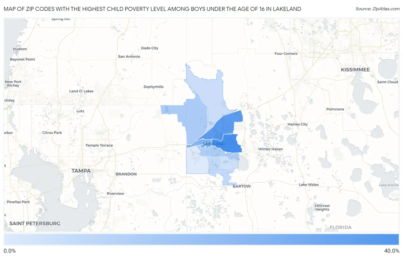 Zip Codes with the Highest Child Poverty Level Among Boys Under the Age of 16 in Lakeland Map