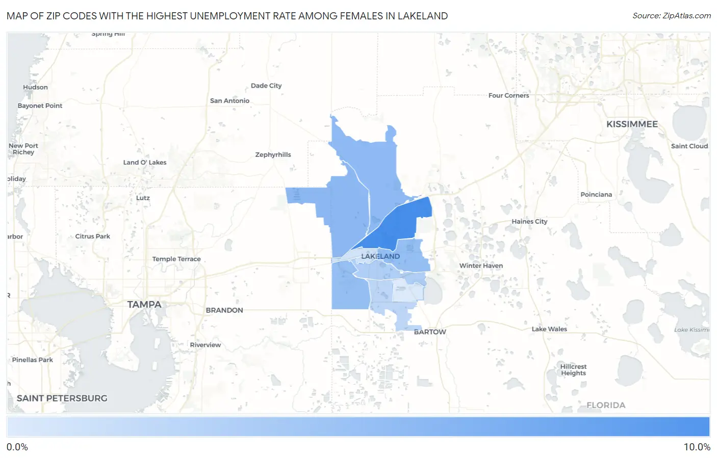 Zip Codes with the Highest Unemployment Rate Among Females in Lakeland Map