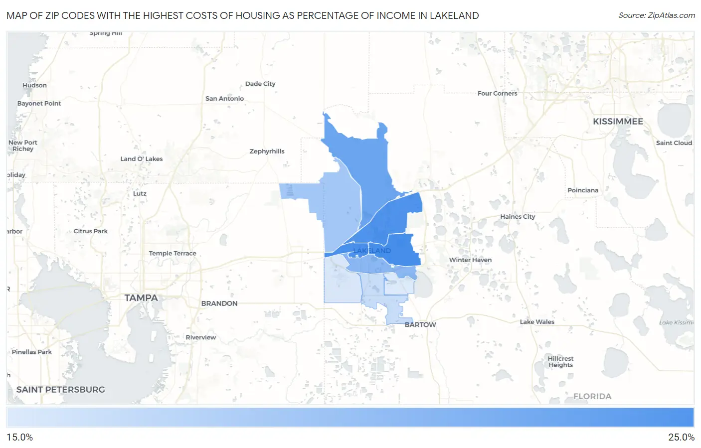 Zip Codes with the Highest Costs of Housing as Percentage of Income in Lakeland Map
