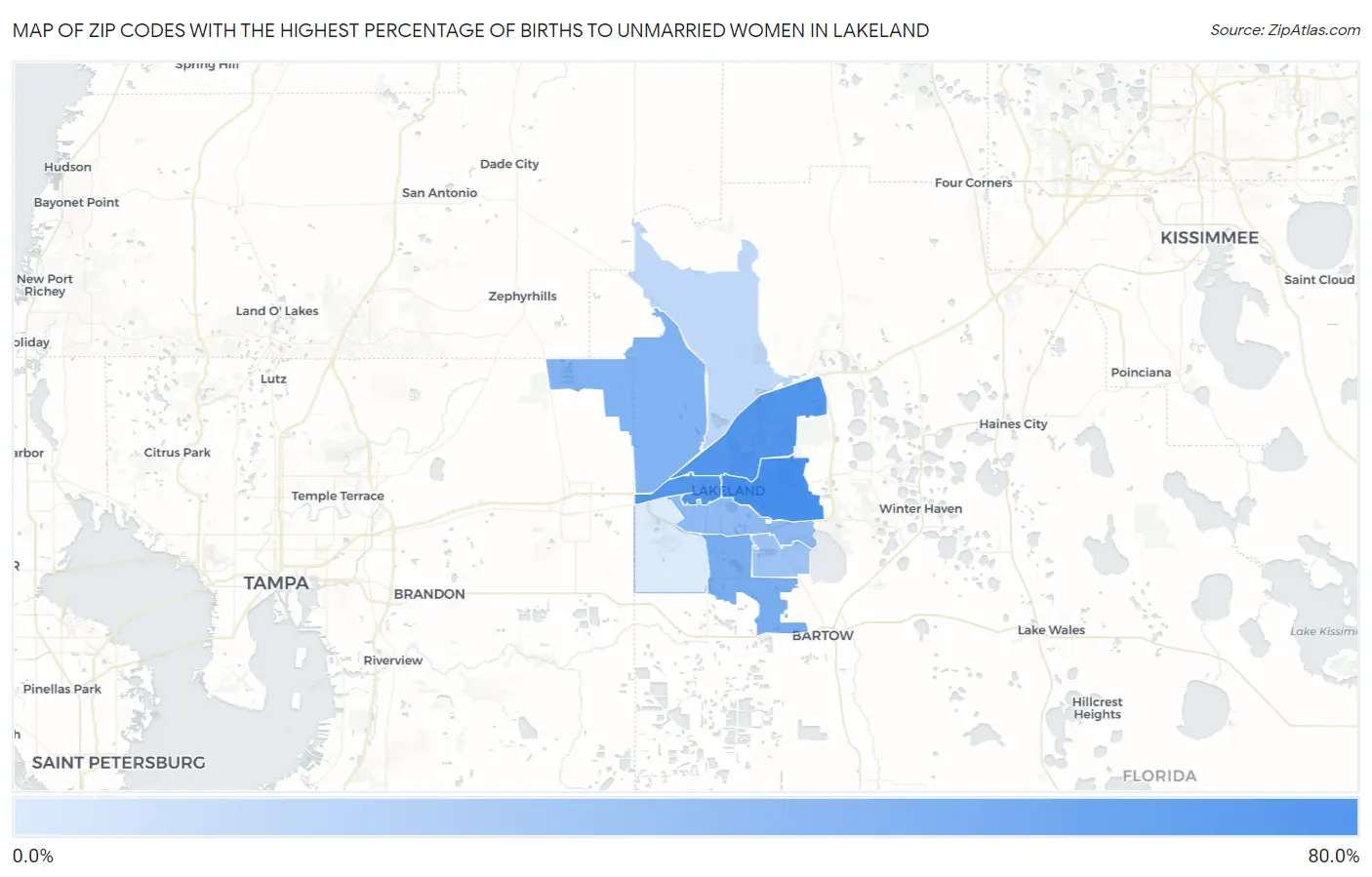 Zip Codes with the Highest Percentage of Births to Unmarried Women in Lakeland Map
