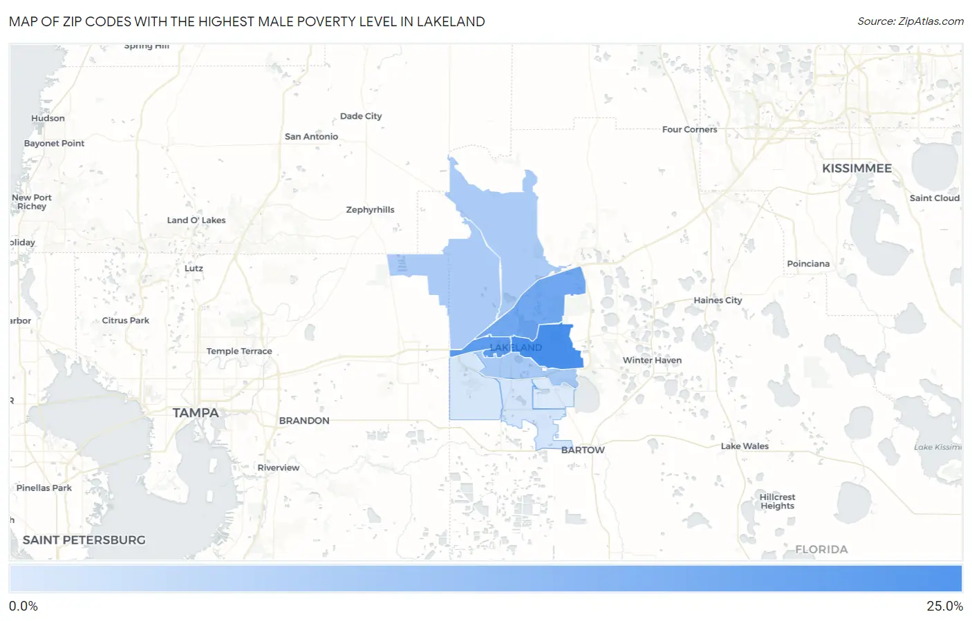 Zip Codes with the Highest Male Poverty Level in Lakeland Map