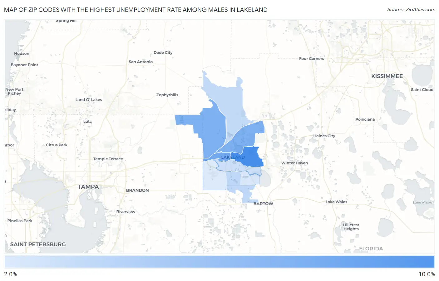 Zip Codes with the Highest Unemployment Rate Among Males in Lakeland Map