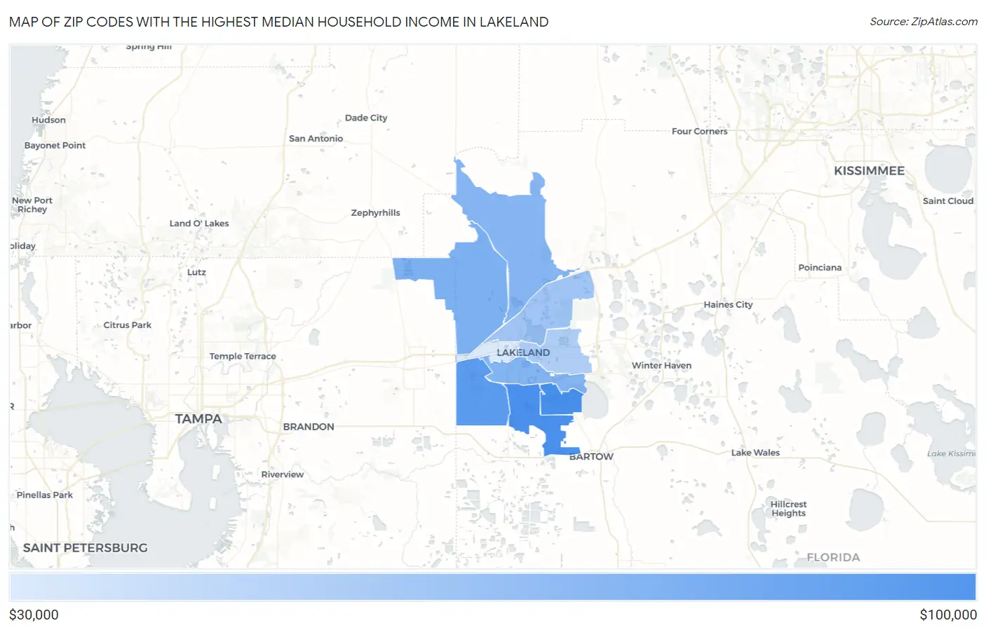 Zip Codes with the Highest Median Household Income in Lakeland Map