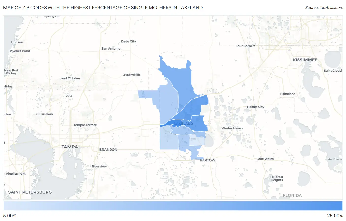 Zip Codes with the Highest Percentage of Single Mothers in Lakeland Map
