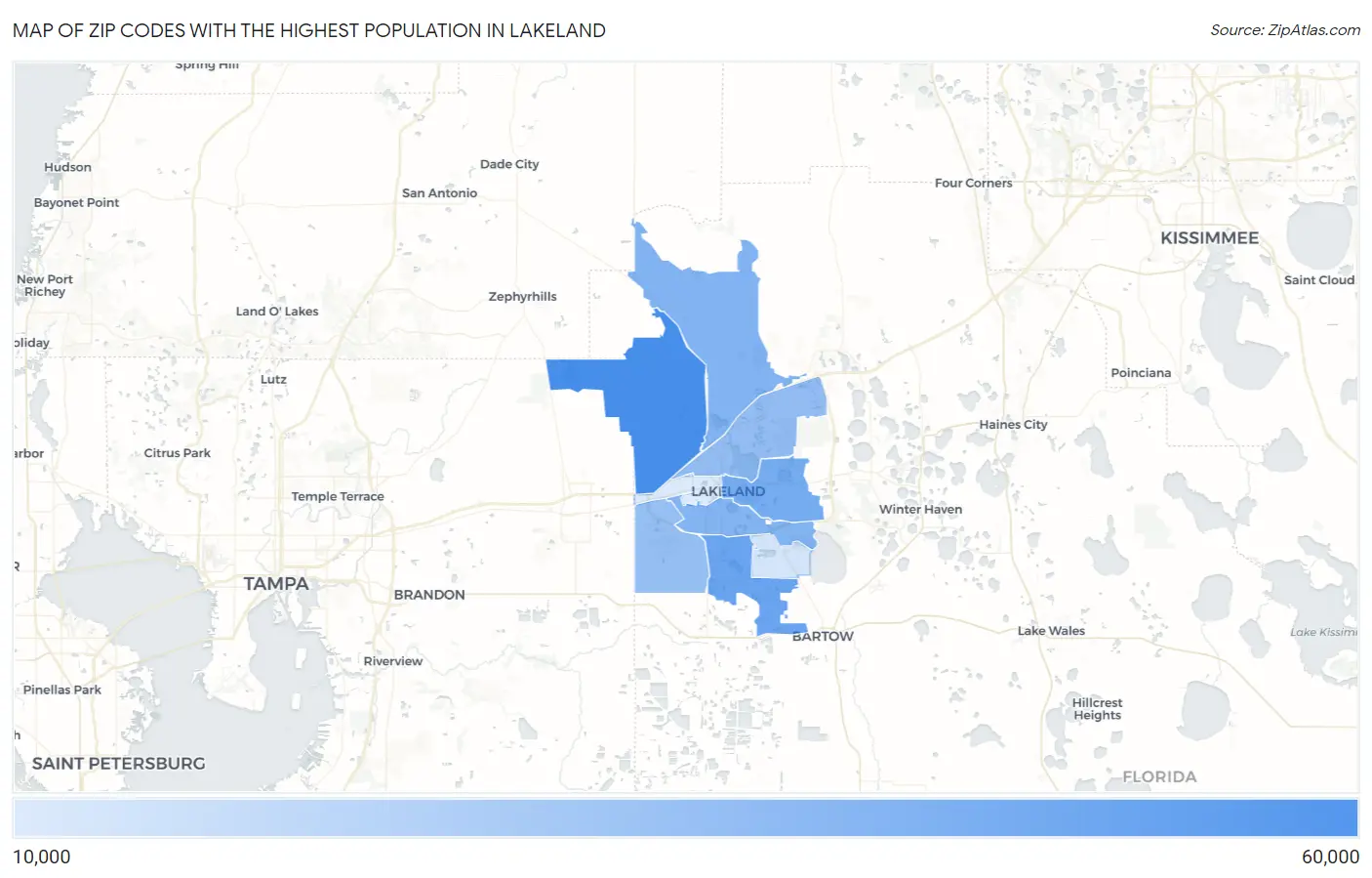Zip Codes with the Highest Population in Lakeland Map