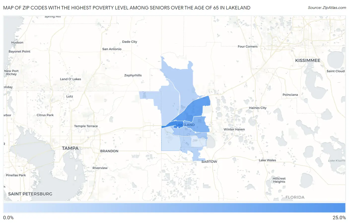 Zip Codes with the Highest Poverty Level Among Seniors Over the Age of 65 in Lakeland Map