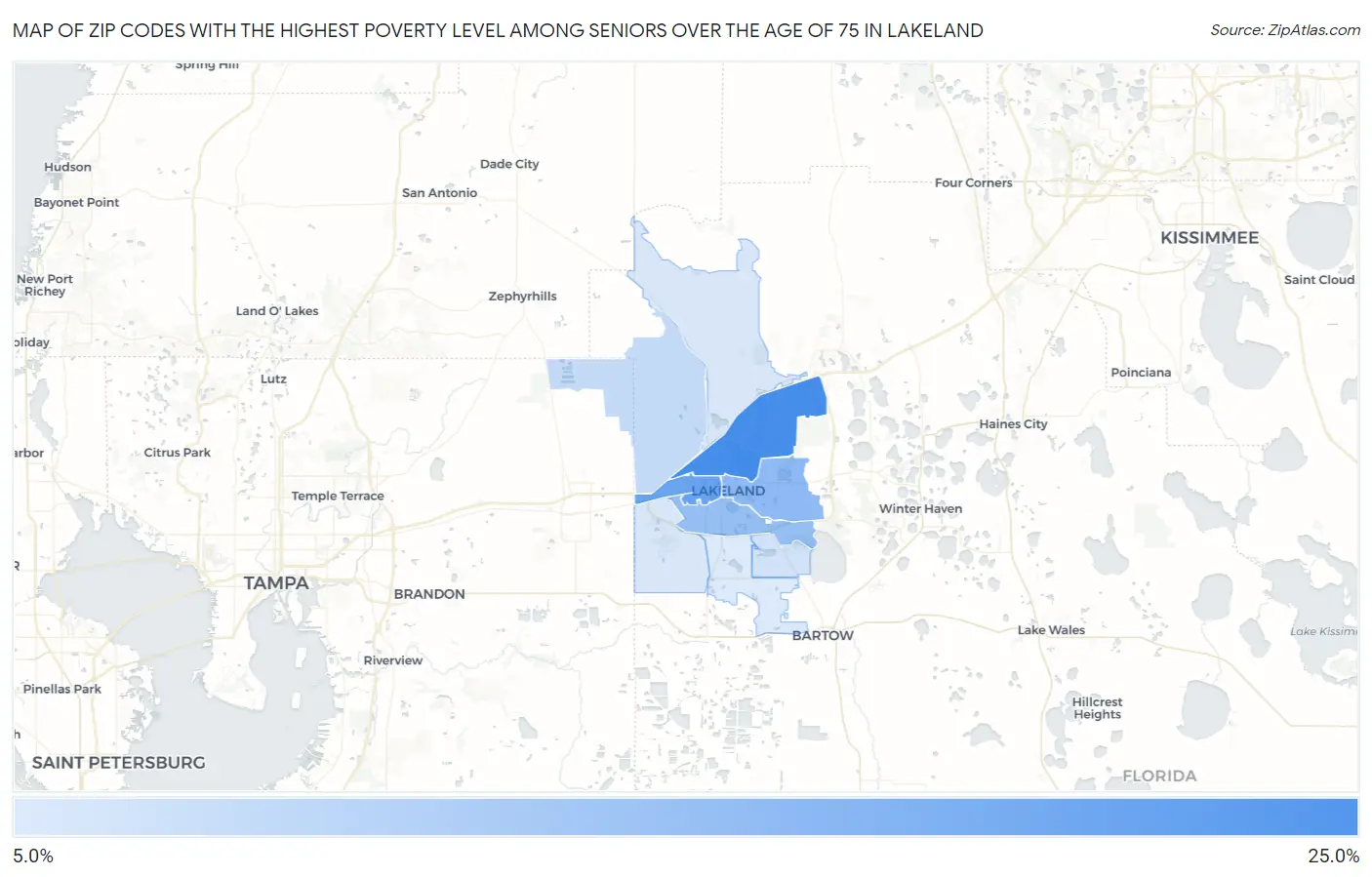 Zip Codes with the Highest Poverty Level Among Seniors Over the Age of 75 in Lakeland Map