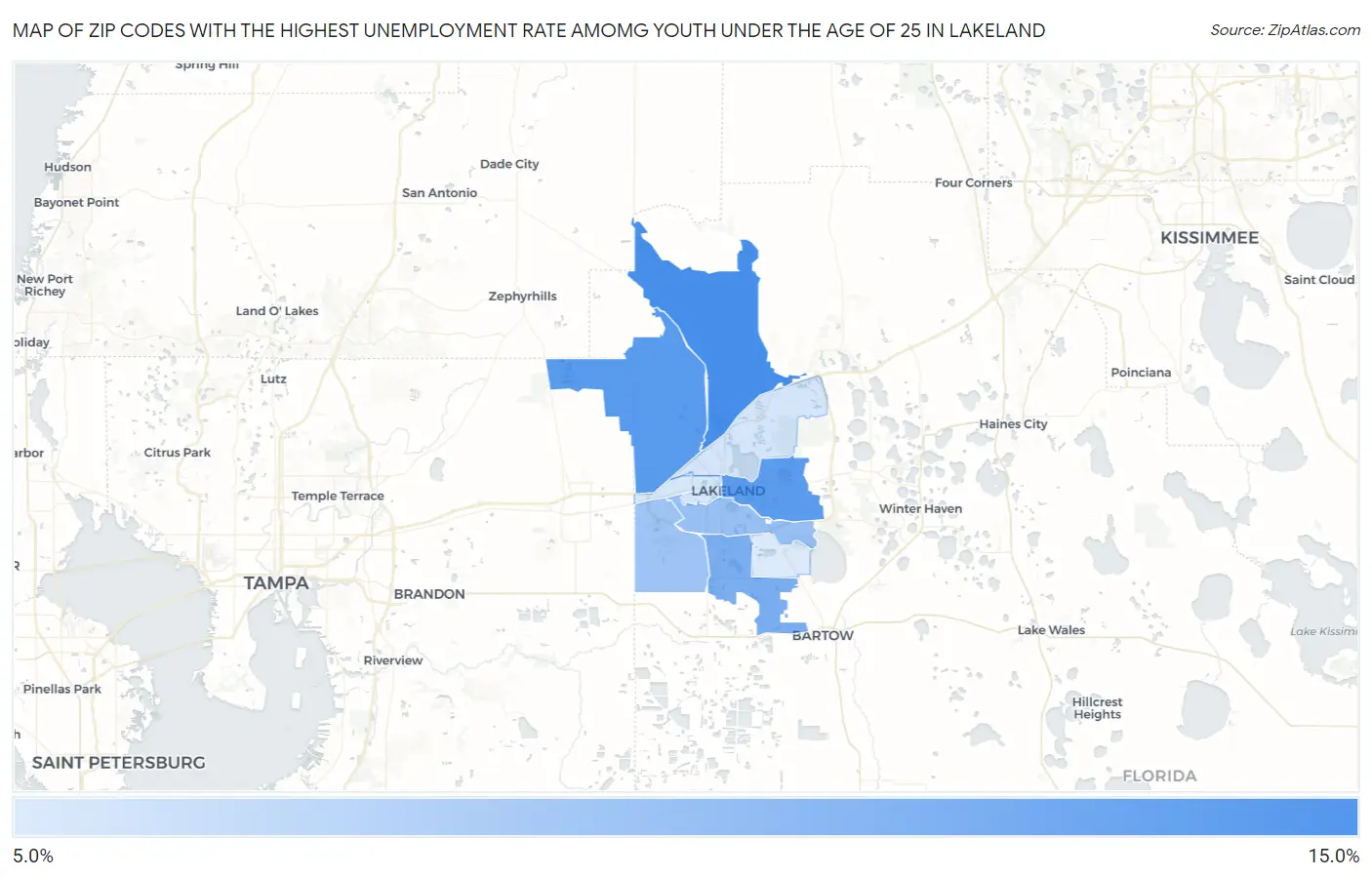 Zip Codes with the Highest Unemployment Rate Amomg Youth Under the Age of 25 in Lakeland Map