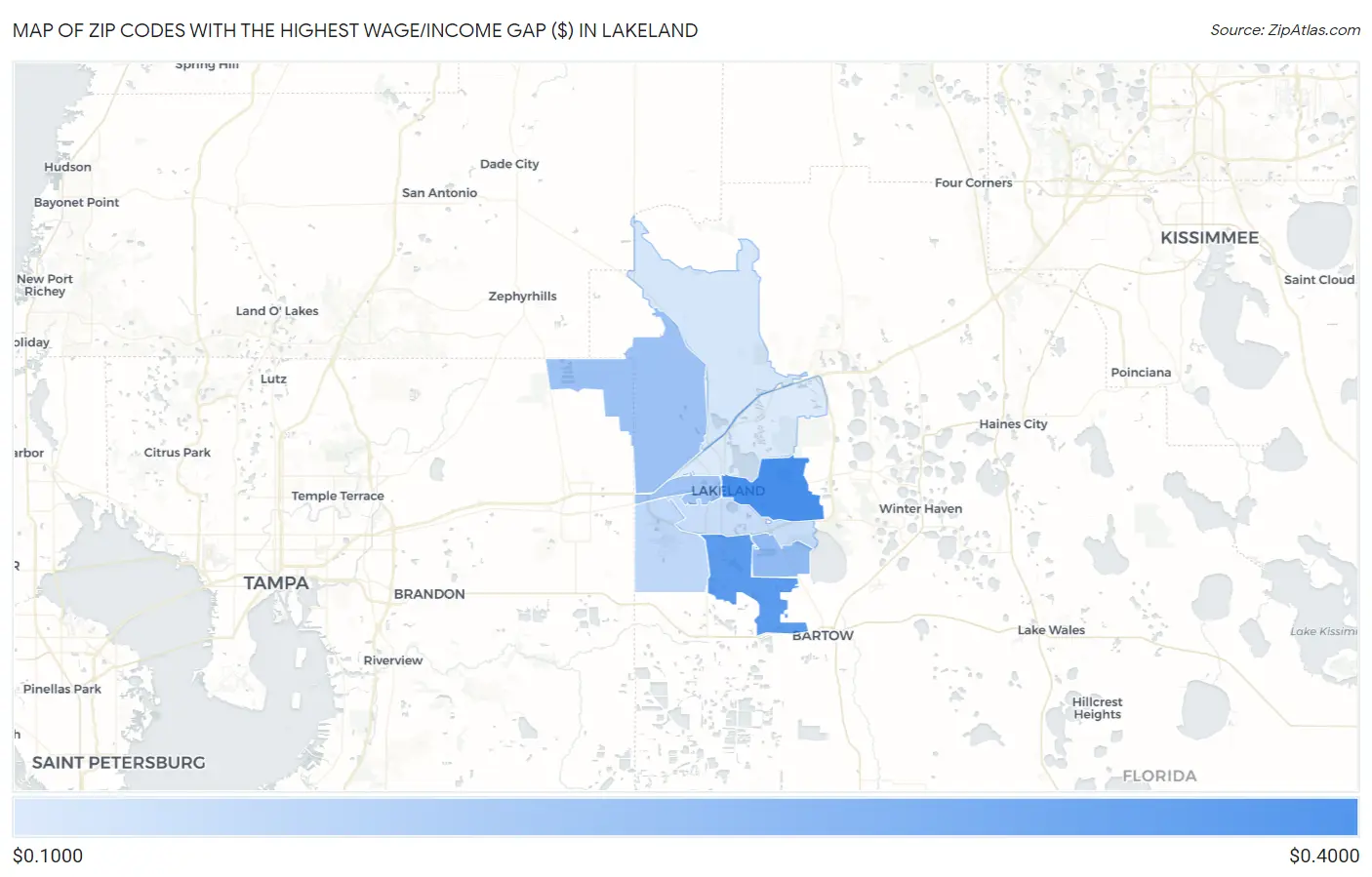 Zip Codes with the Highest Wage/Income Gap ($) in Lakeland Map