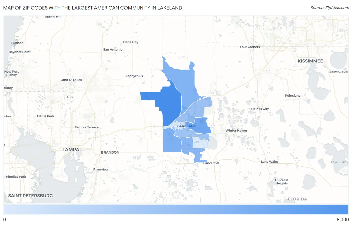 Zip Codes with the Largest American Community in Lakeland Map