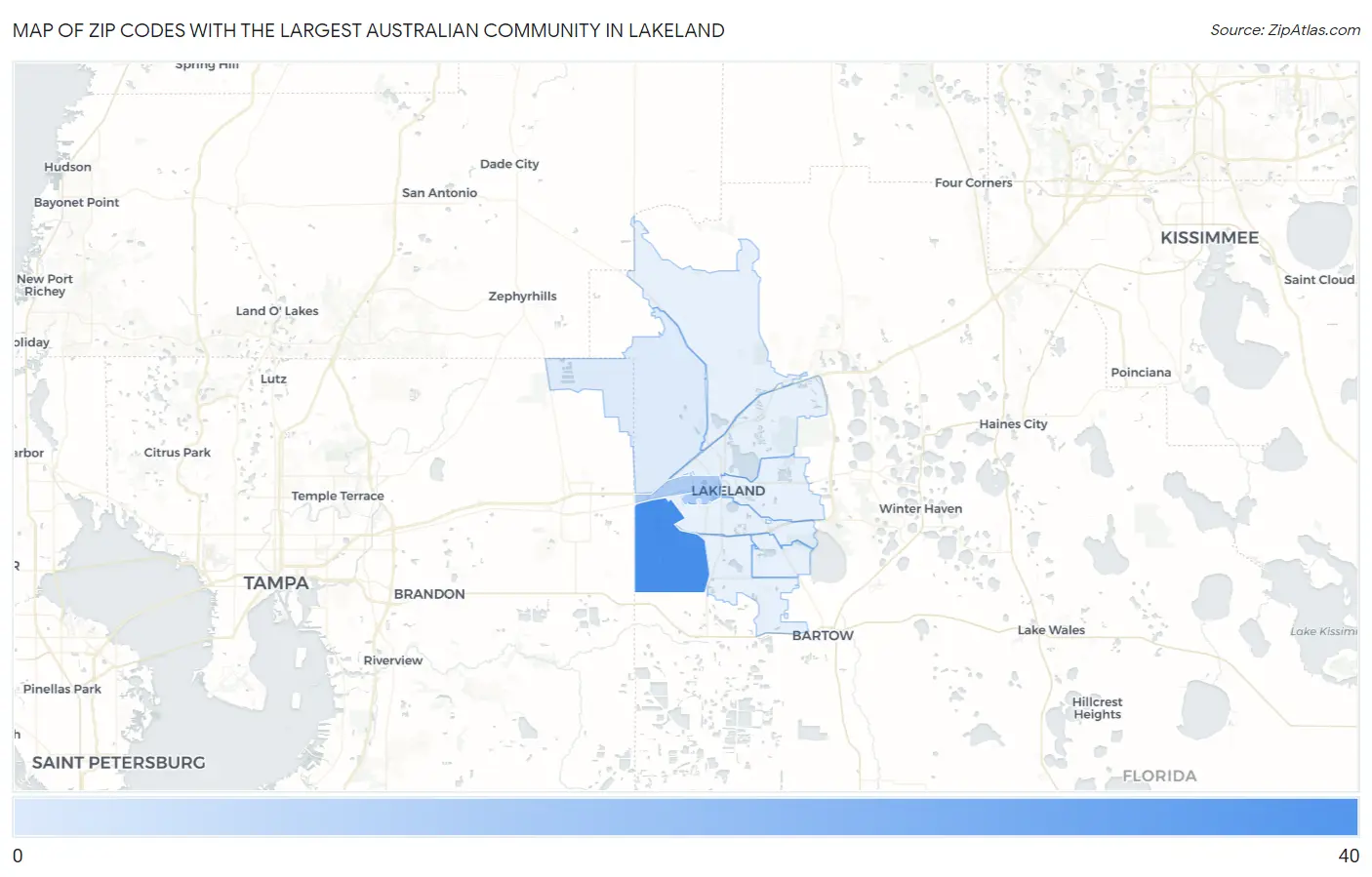 Zip Codes with the Largest Australian Community in Lakeland Map