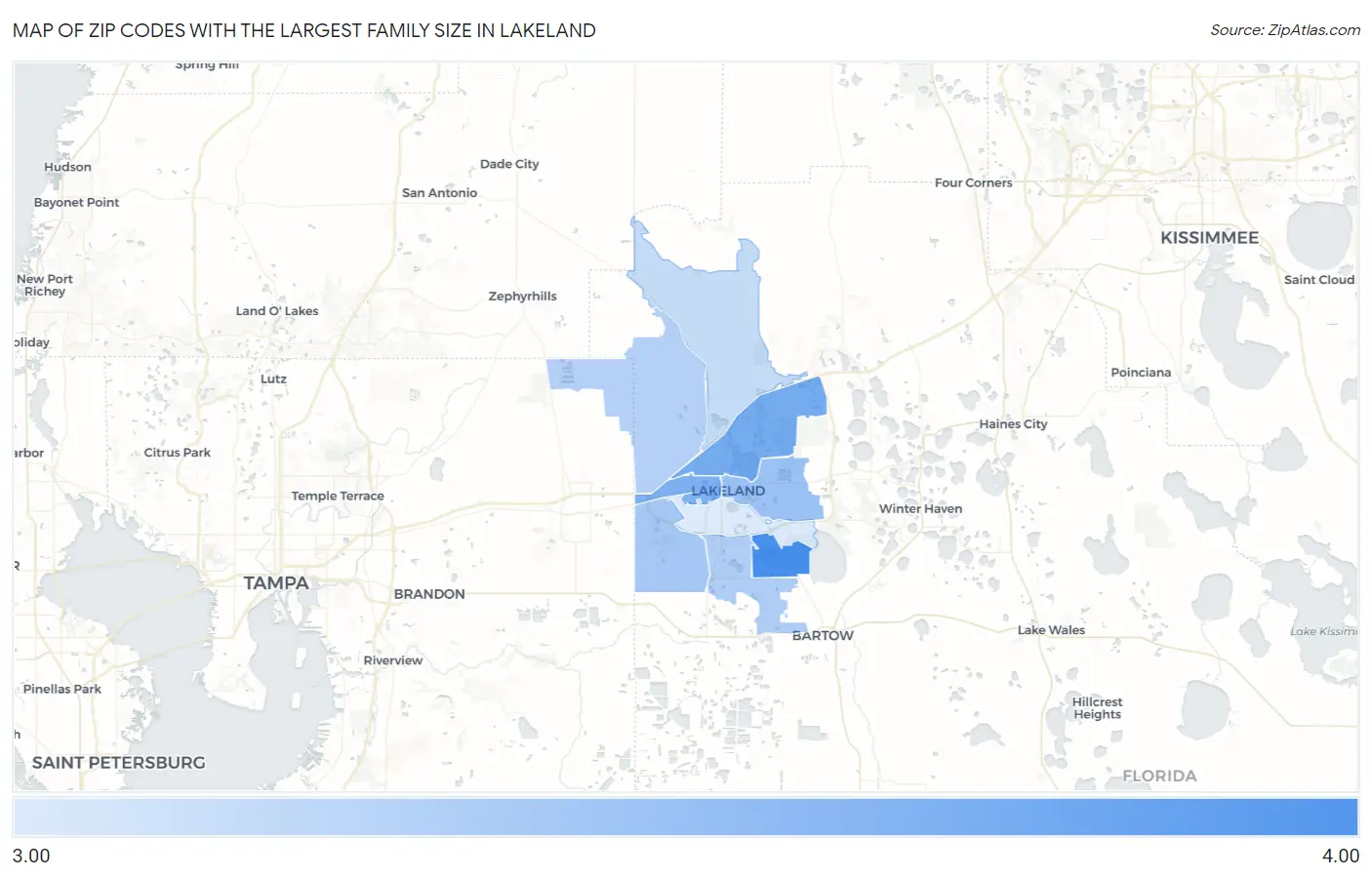 Zip Codes with the Largest Family Size in Lakeland Map