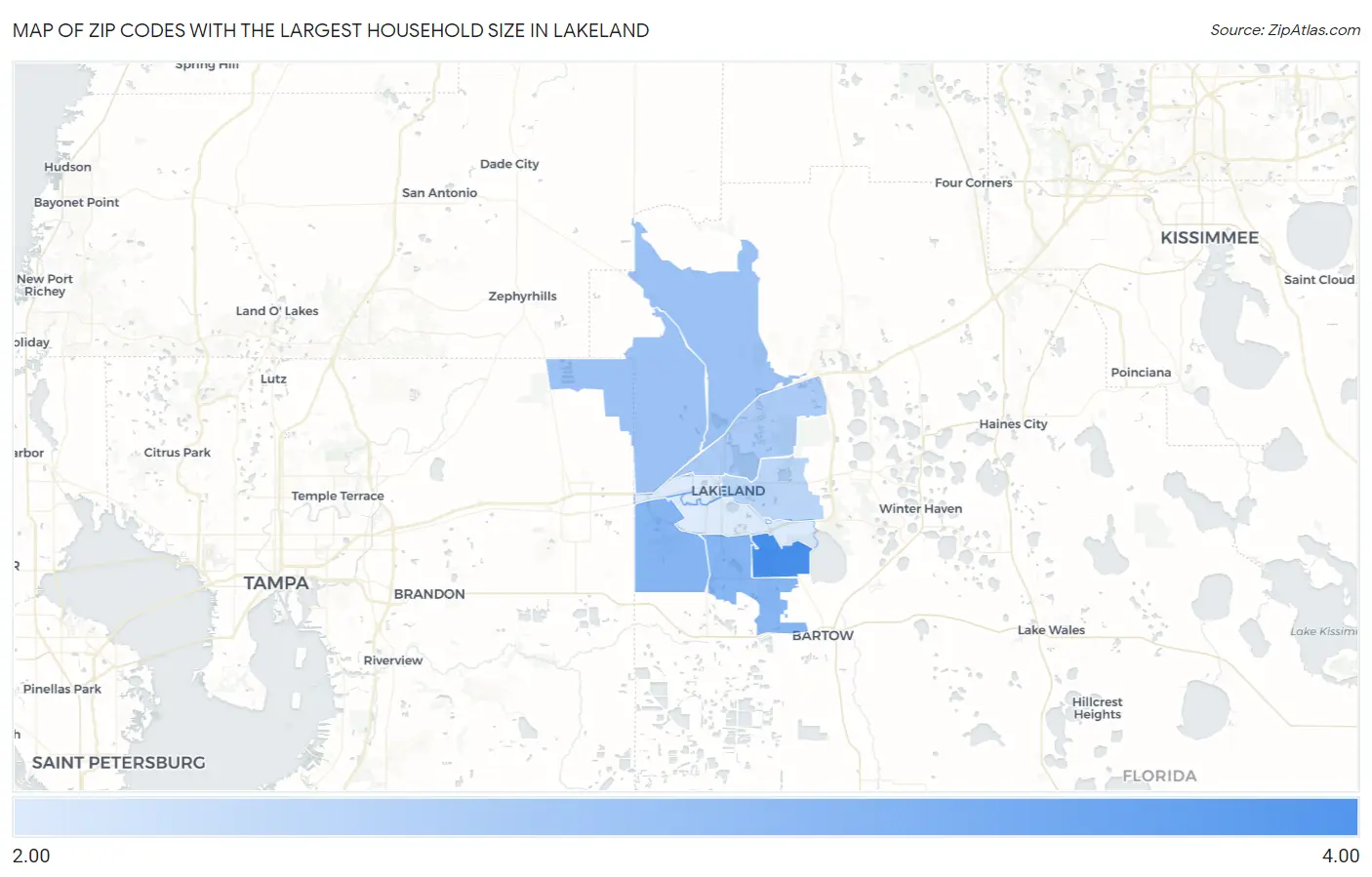 Zip Codes with the Largest Household Size in Lakeland Map