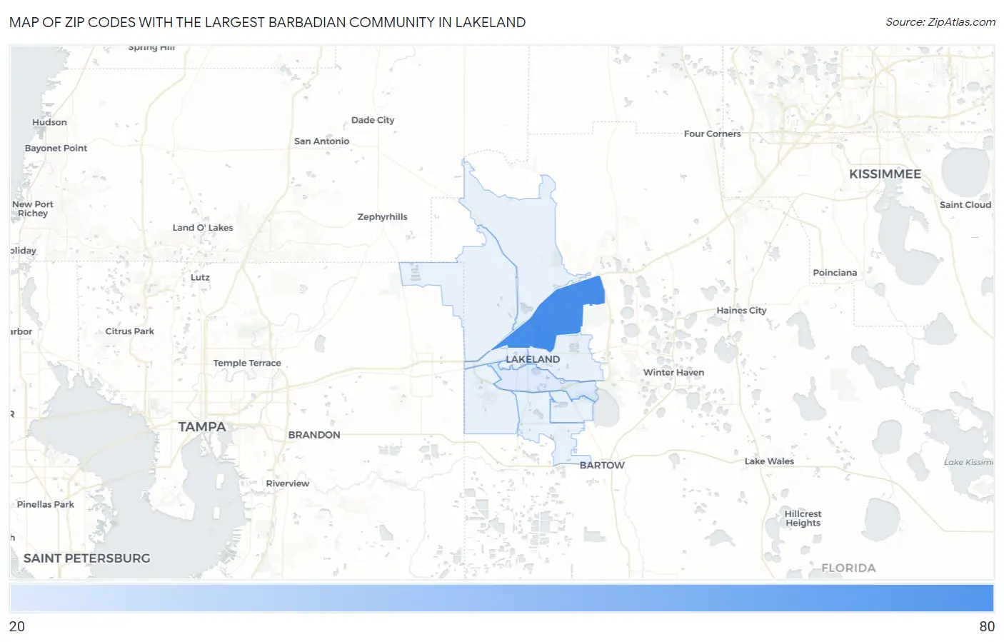 Zip Codes with the Largest Barbadian Community in Lakeland Map