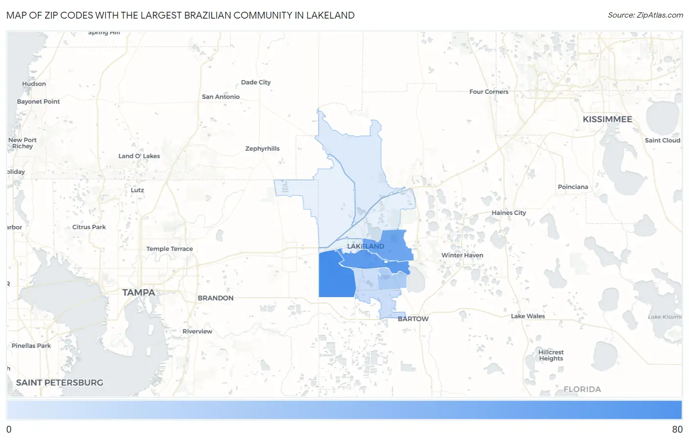 Zip Codes with the Largest Brazilian Community in Lakeland Map