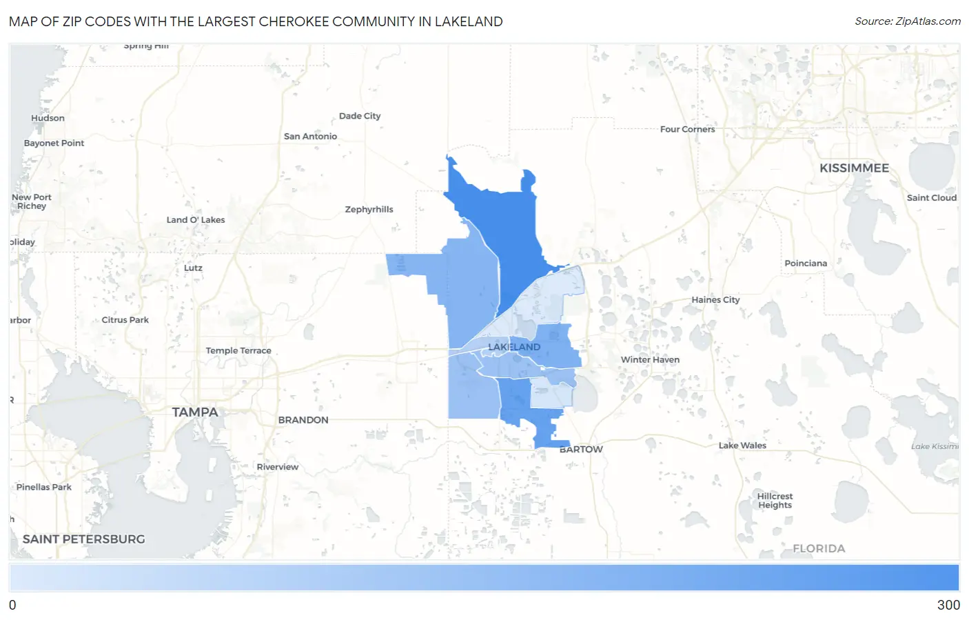 Zip Codes with the Largest Cherokee Community in Lakeland Map