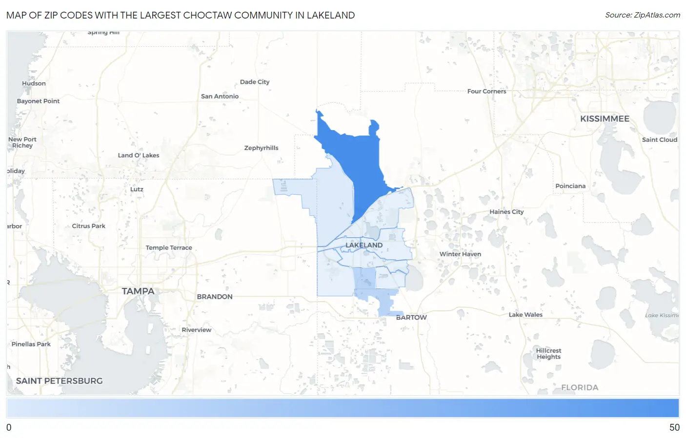 Zip Codes with the Largest Choctaw Community in Lakeland Map