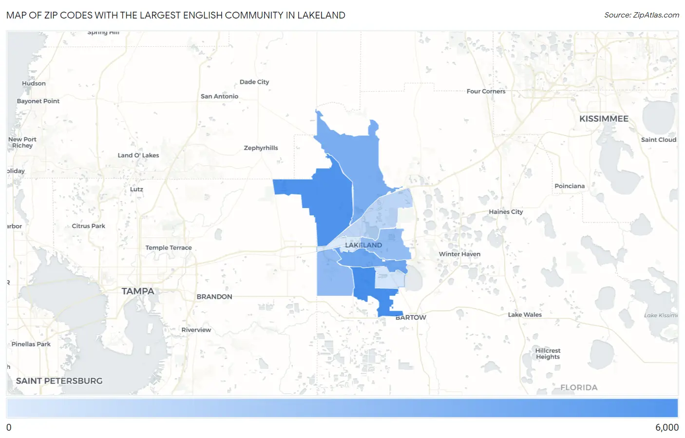 Zip Codes with the Largest English Community in Lakeland Map