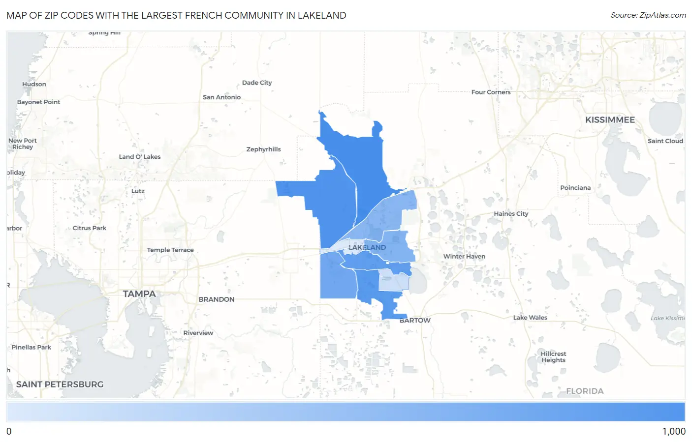 Zip Codes with the Largest French Community in Lakeland Map