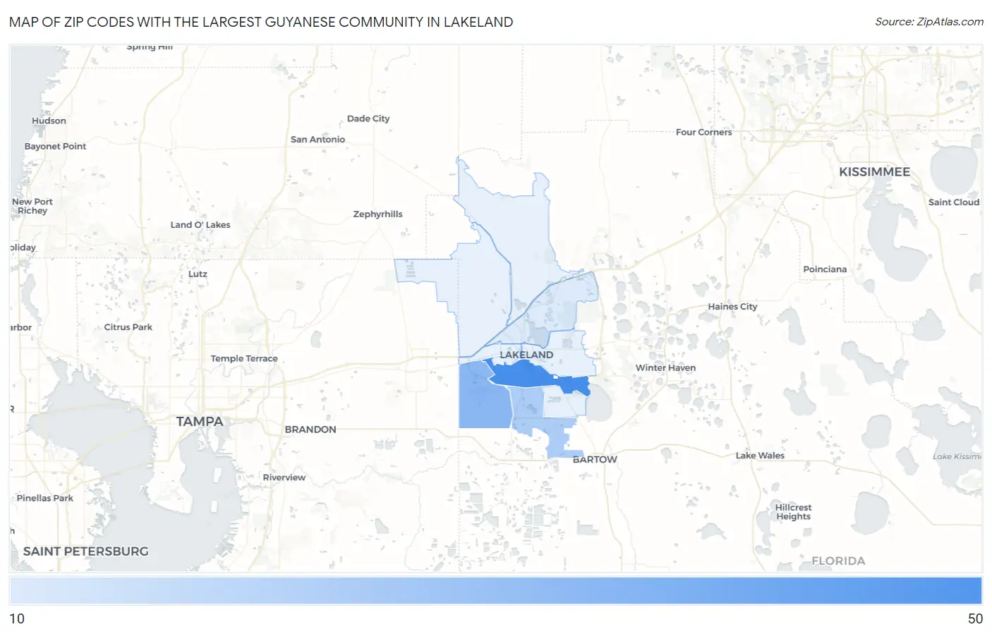 Zip Codes with the Largest Guyanese Community in Lakeland Map