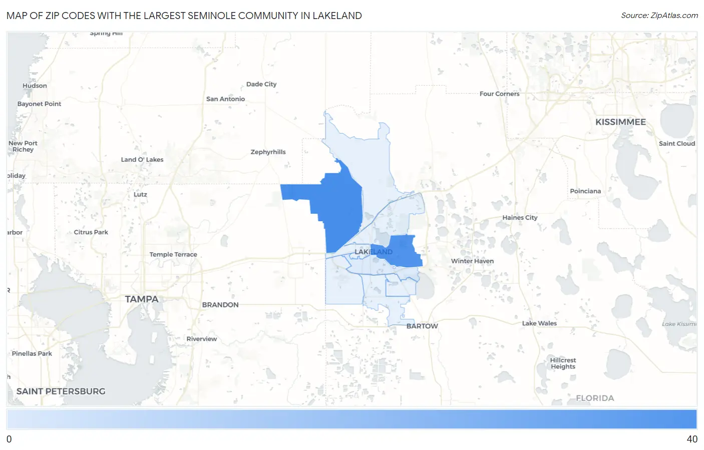 Zip Codes with the Largest Seminole Community in Lakeland Map