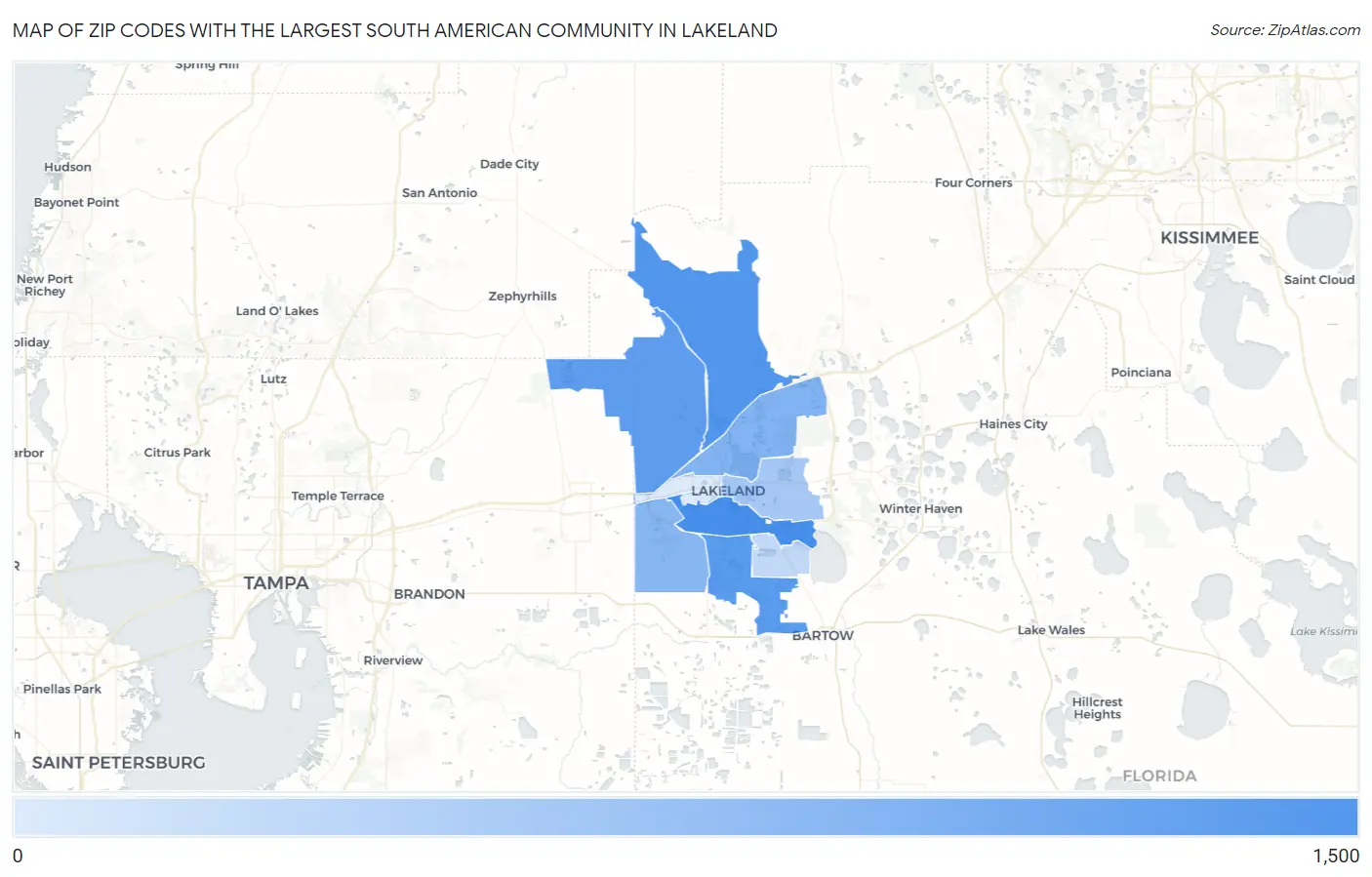 Zip Codes with the Largest South American Community in Lakeland Map