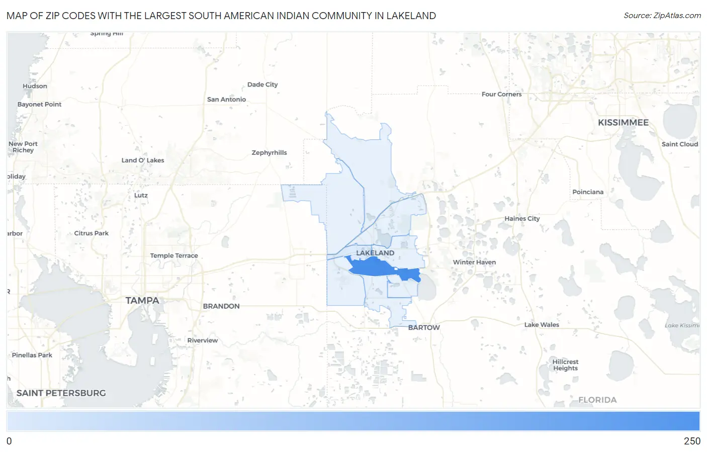 Zip Codes with the Largest South American Indian Community in Lakeland Map