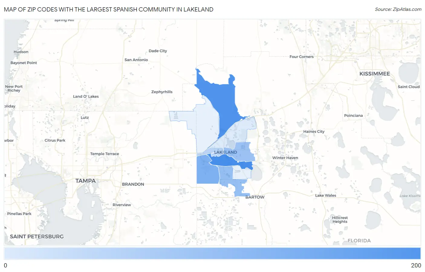 Zip Codes with the Largest Spanish Community in Lakeland Map