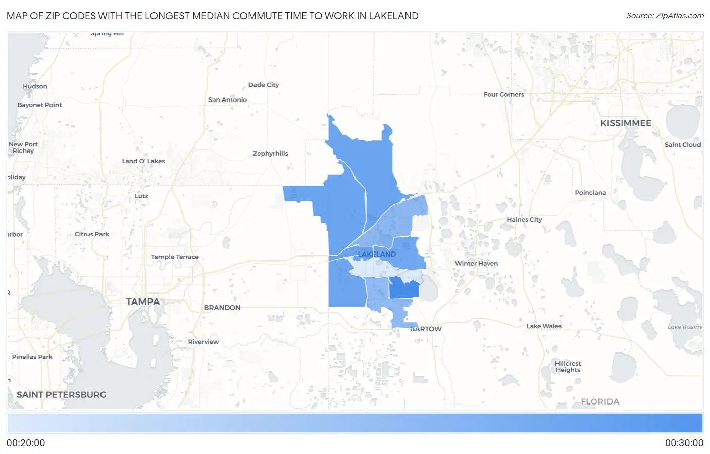 Zip Codes with the Longest Median Commute Time to Work in Lakeland Map