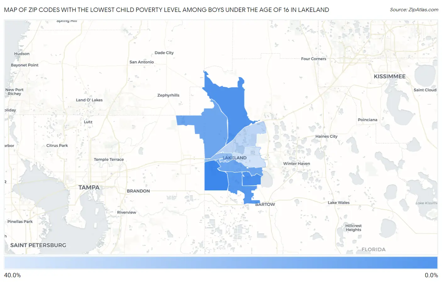 Zip Codes with the Lowest Child Poverty Level Among Boys Under the Age of 16 in Lakeland Map