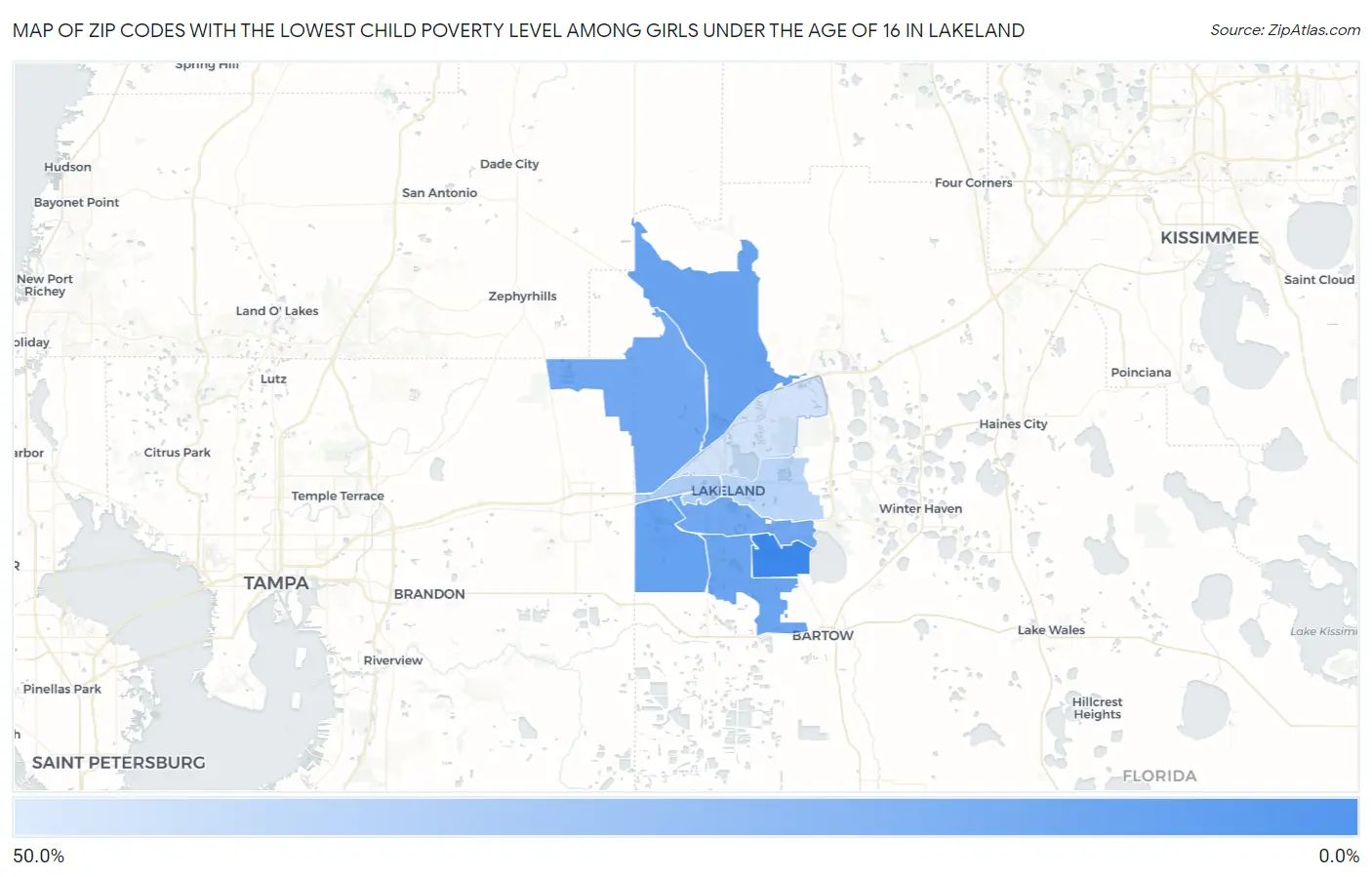 Zip Codes with the Lowest Child Poverty Level Among Girls Under the Age of 16 in Lakeland Map