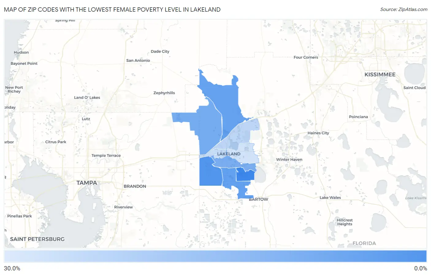Zip Codes with the Lowest Female Poverty Level in Lakeland Map
