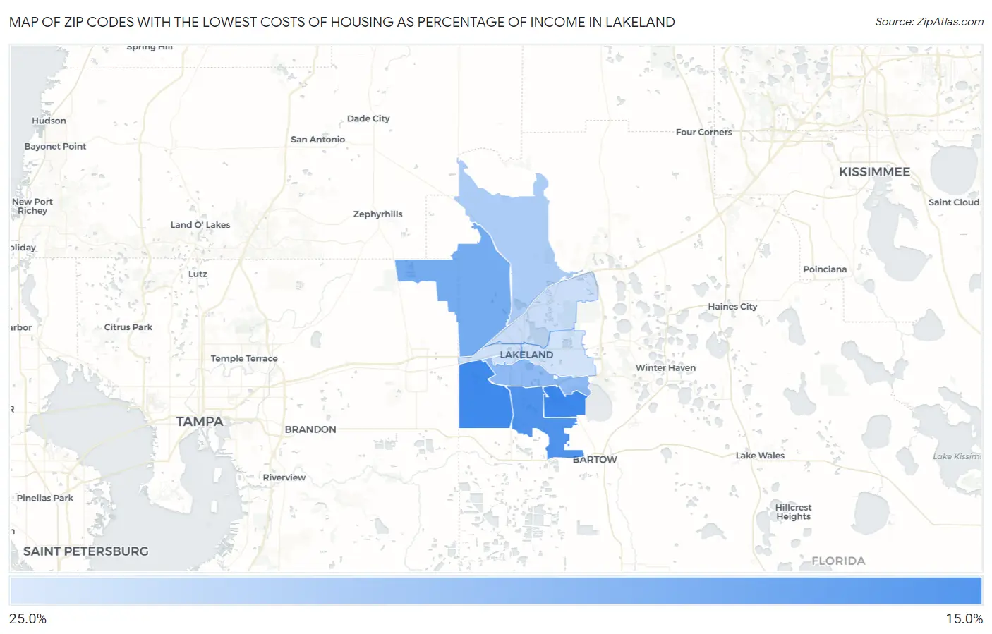 Zip Codes with the Lowest Costs of Housing as Percentage of Income in Lakeland Map
