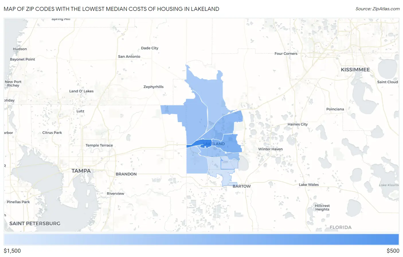 Zip Codes with the Lowest Median Costs of Housing in Lakeland Map
