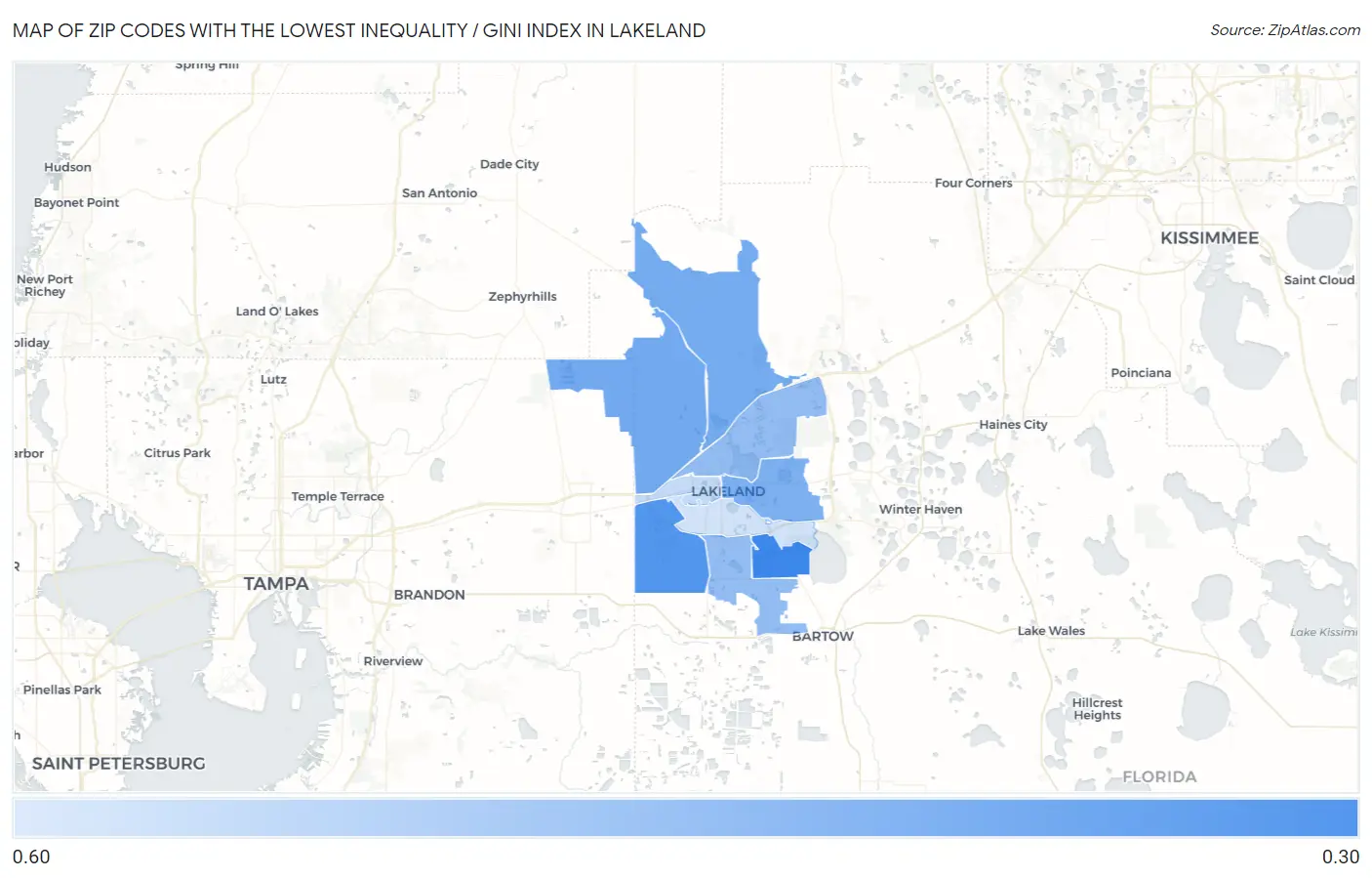 Zip Codes with the Lowest Inequality / Gini Index in Lakeland Map