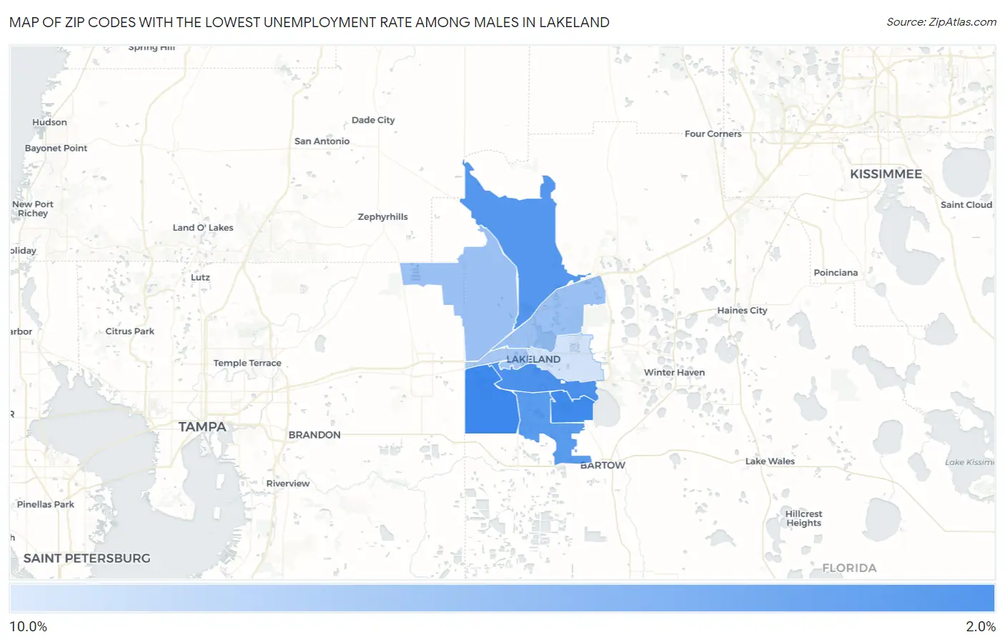 Zip Codes with the Lowest Unemployment Rate Among Males in Lakeland Map