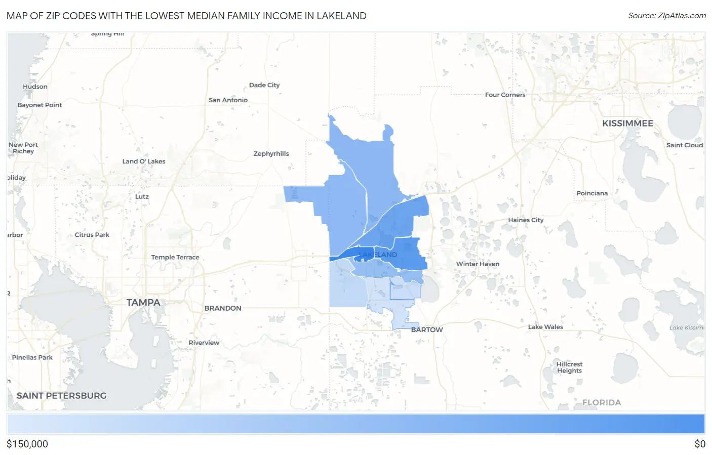 Zip Codes with the Lowest Median Family Income in Lakeland Map