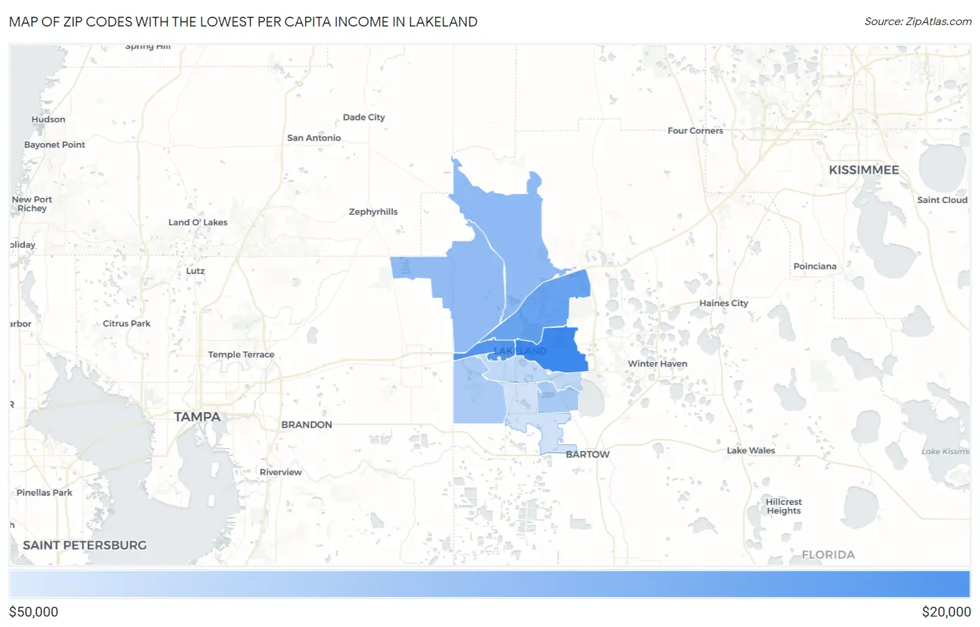 Zip Codes with the Lowest Per Capita Income in Lakeland Map