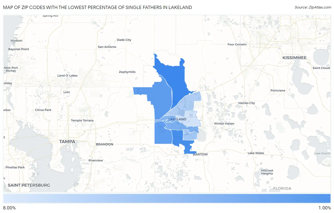 Zip Codes with the Lowest Percentage of Single Fathers in Lakeland Map