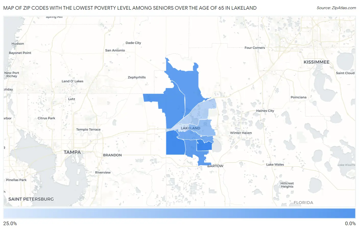 Zip Codes with the Lowest Poverty Level Among Seniors Over the Age of 65 in Lakeland Map