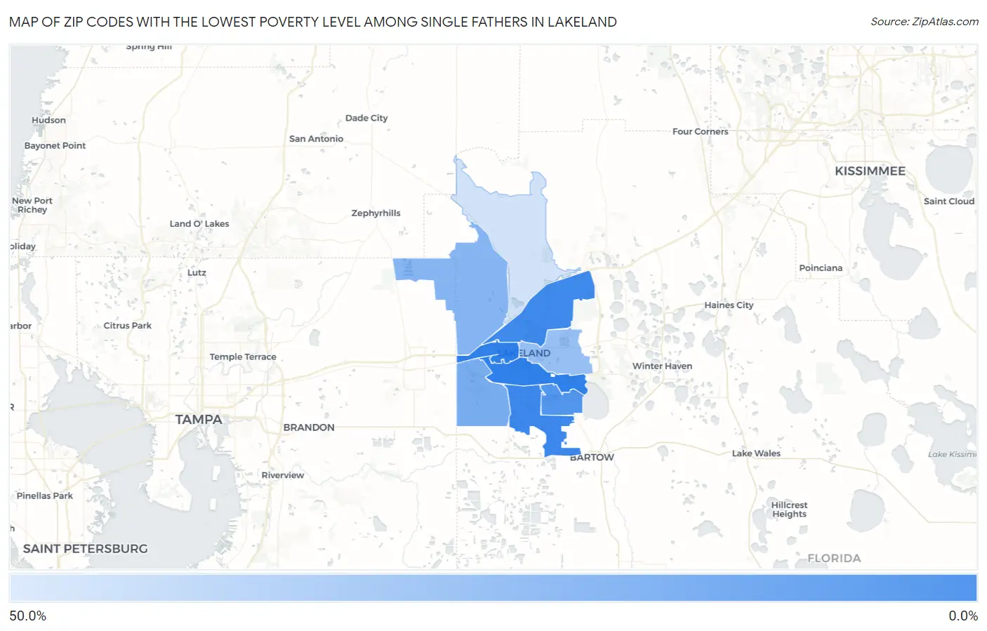 Zip Codes with the Lowest Poverty Level Among Single Fathers in Lakeland Map