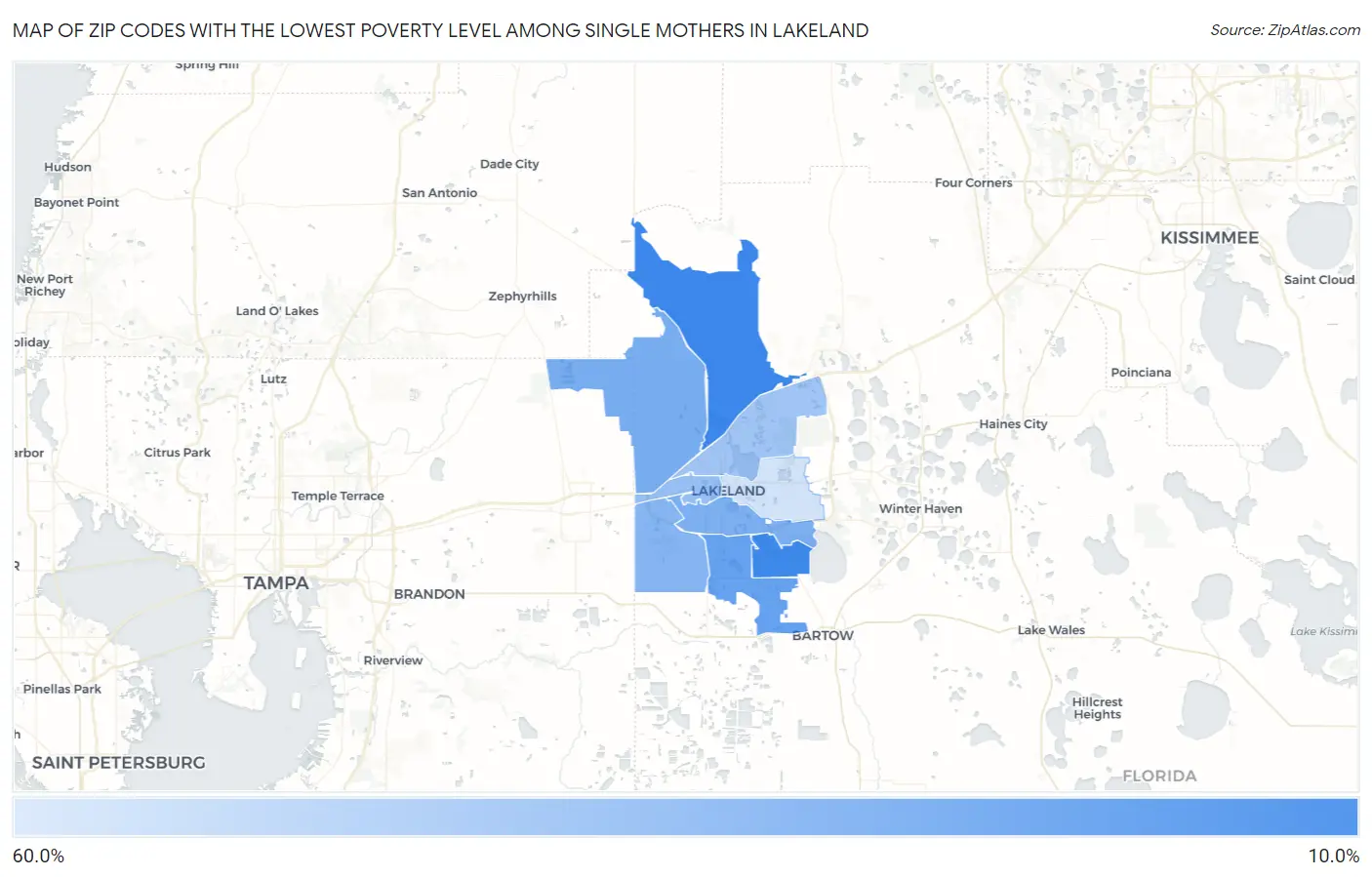 Zip Codes with the Lowest Poverty Level Among Single Mothers in Lakeland Map