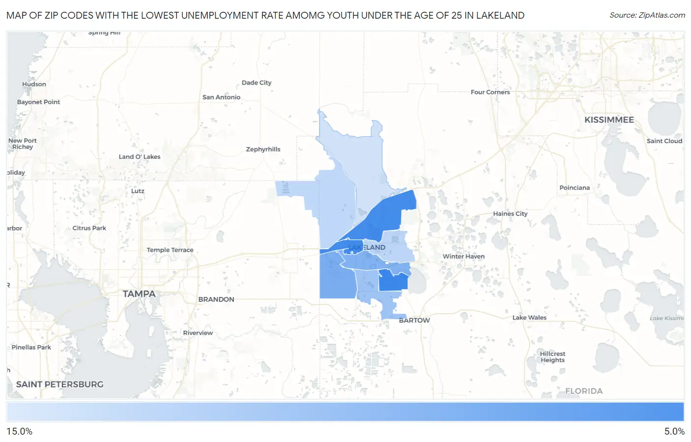 Zip Codes with the Lowest Unemployment Rate Amomg Youth Under the Age of 25 in Lakeland Map