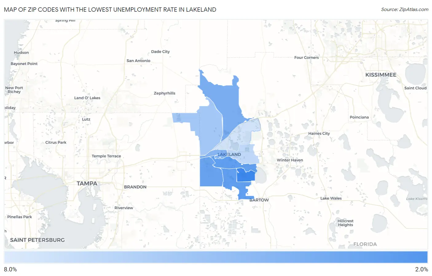 Zip Codes with the Lowest Unemployment Rate in Lakeland Map