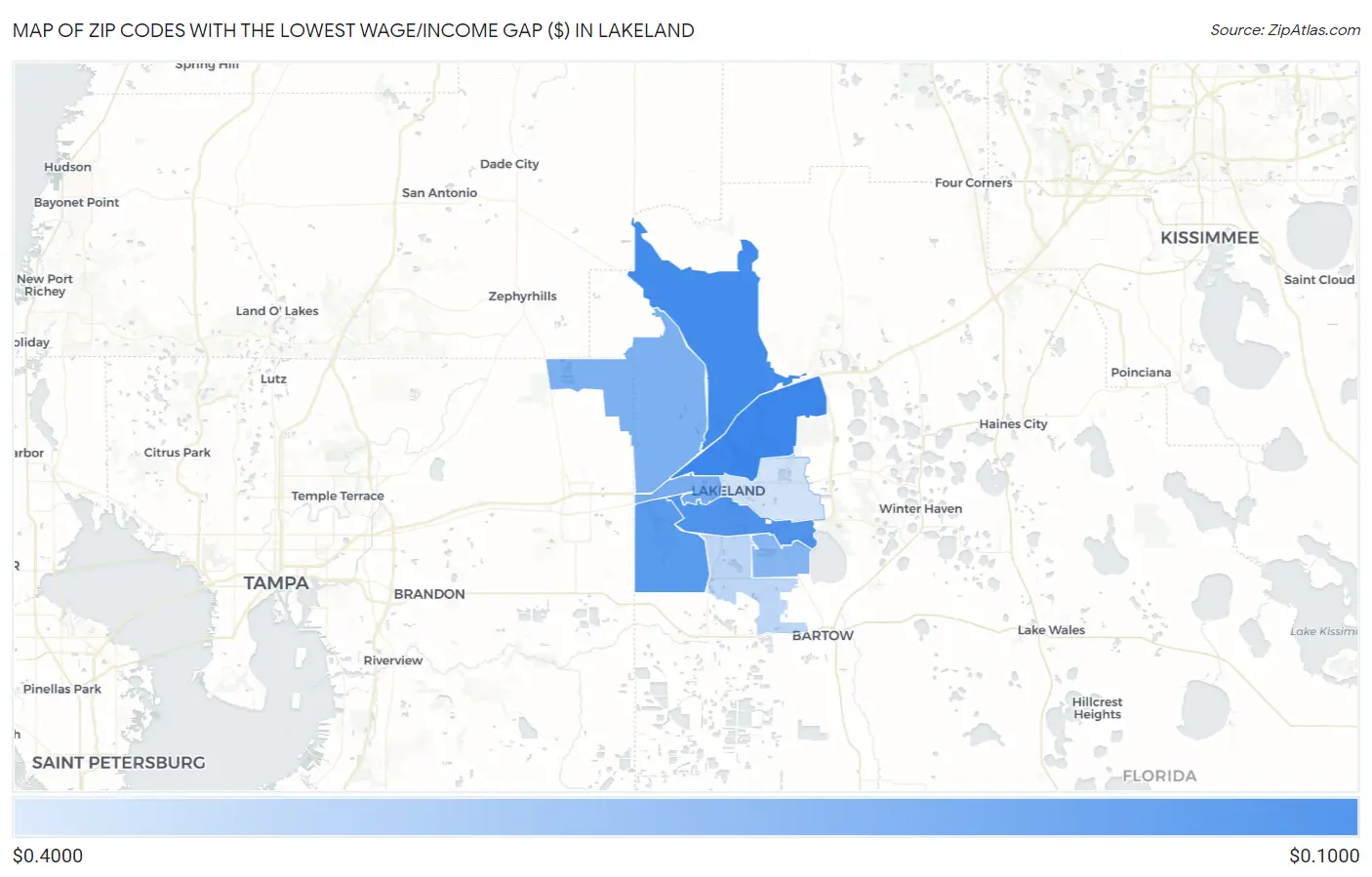 Zip Codes with the Lowest Wage/Income Gap ($) in Lakeland Map