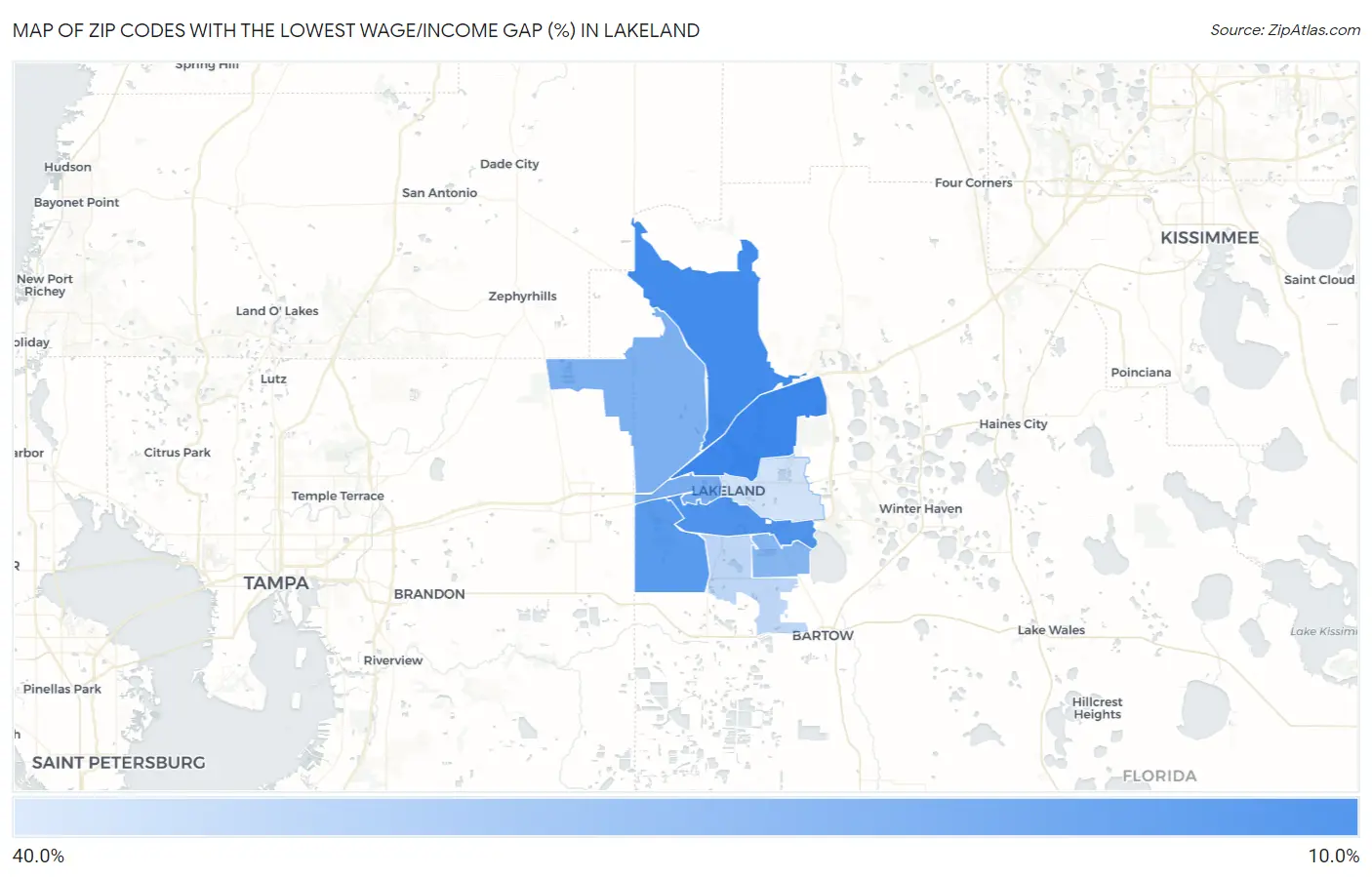 Zip Codes with the Lowest Wage/Income Gap (%) in Lakeland Map