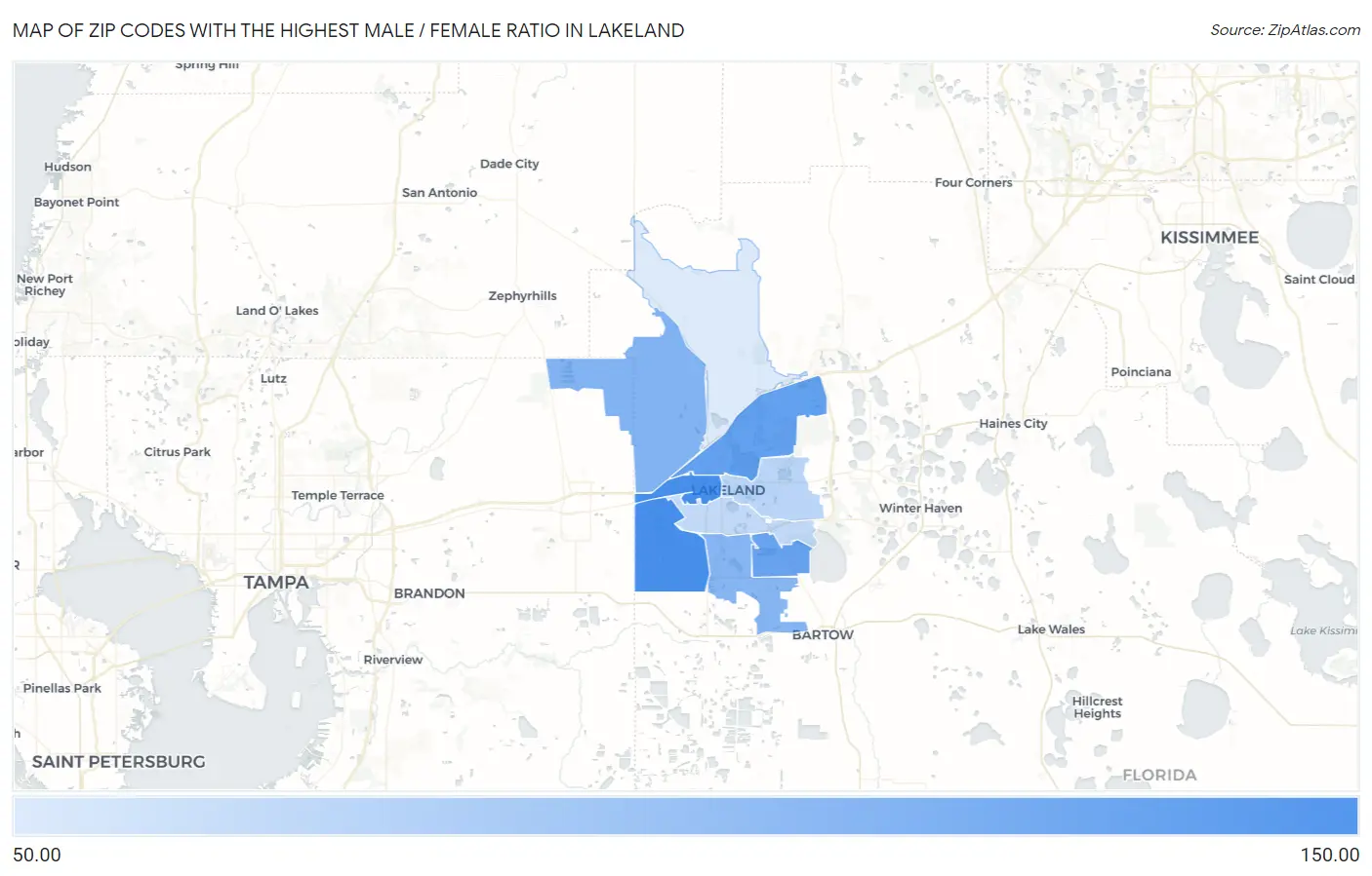 Zip Codes with the Highest Male / Female Ratio in Lakeland Map