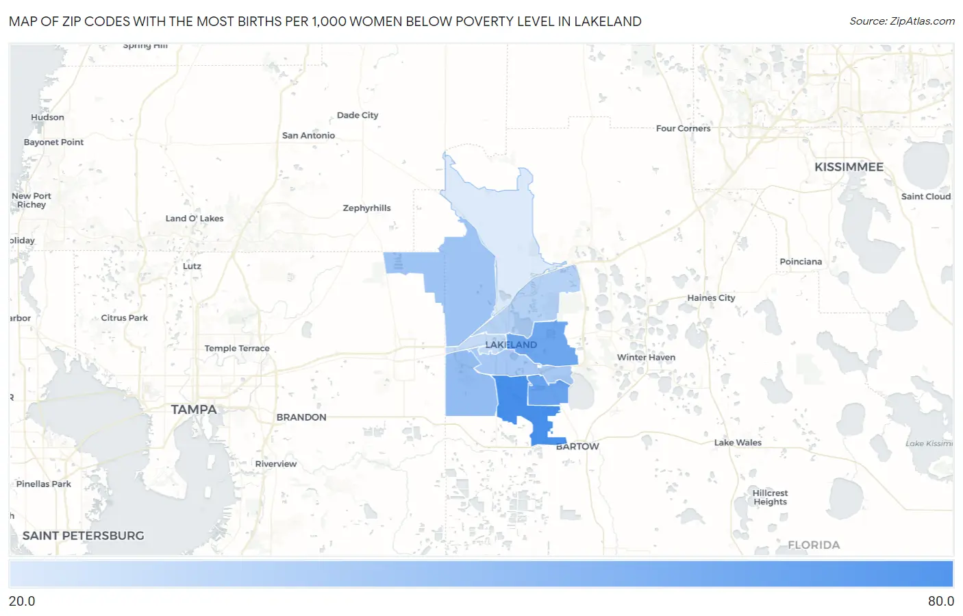 Zip Codes with the Most Births per 1,000 Women Below Poverty Level in Lakeland Map
