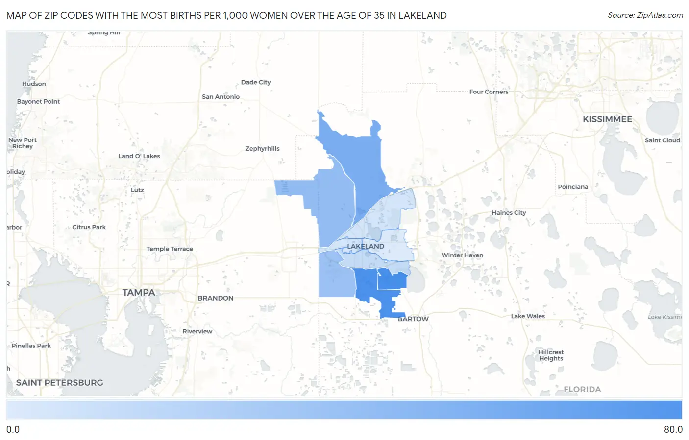 Zip Codes with the Most Births per 1,000 Women Over the Age of 35 in Lakeland Map